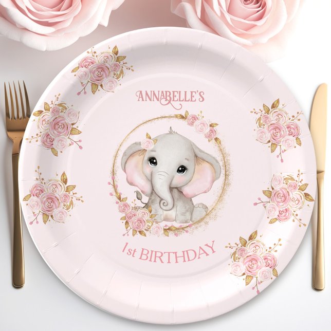 Prato De Papel Flores Rosa-Elefante-Fritas-Fritas-de-Aniversário  (Cute Elephant Pink Flowers Roses Birthday Girl Paper Plates)