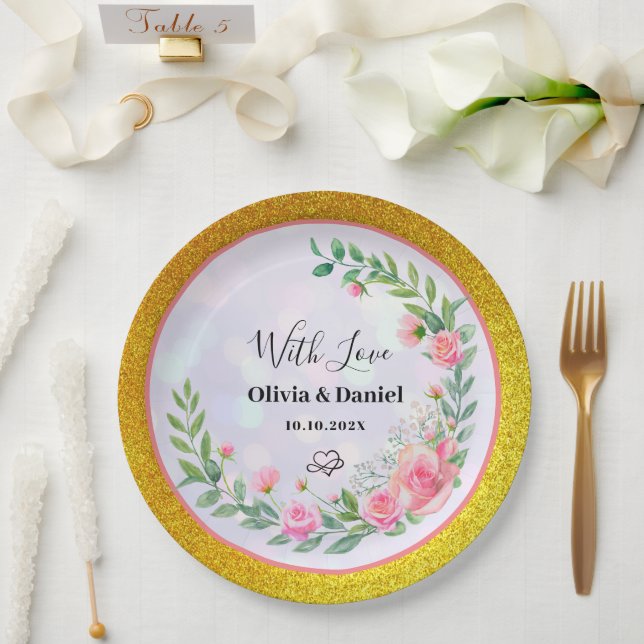 Prato De Papel Flores Rosa Esmagadas Elegantes Obrigado Casamento (Casamento)