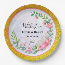 Prato De Papel Flores Rosa Esmagadas Elegantes Obrigado Casamento