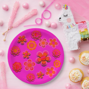 Prato De Papel Flores Rosa Quente e Laranja