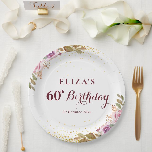 Prato De Papel Flores roxas 60ª festa de aniversário (Casamento)