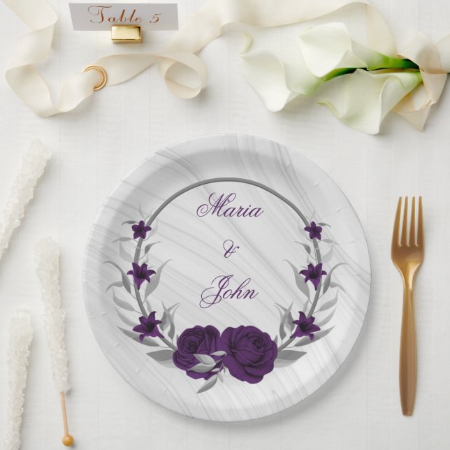 Prato De Papel flores roxas reais folhas prateadas mármore (Casamento)