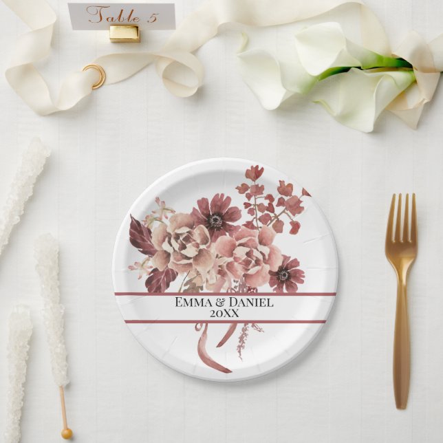 Prato De Papel Flores Rusticas de Outono em Fundo Branco Aquarela (Casamento)