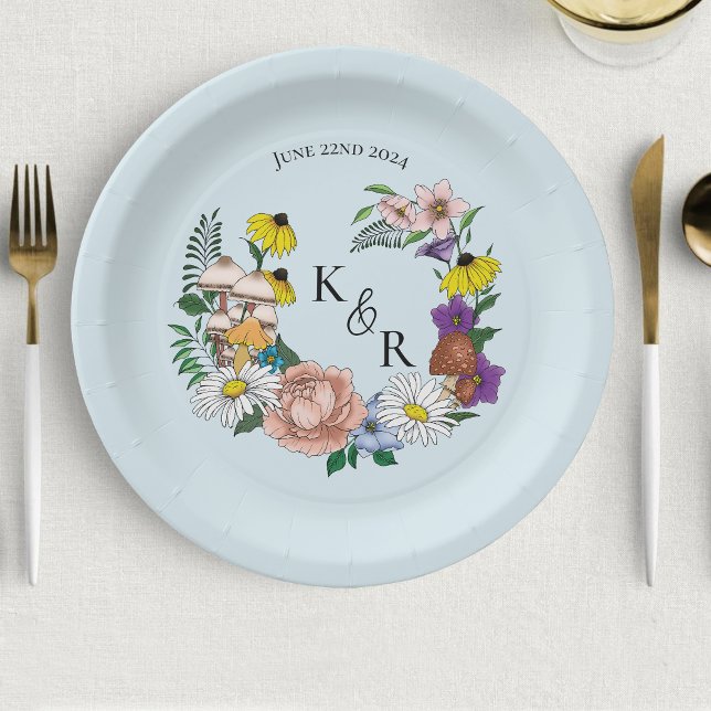 Prato De Papel Flores Selvagens Cogumelos Azuis Florais (Criador carregado)