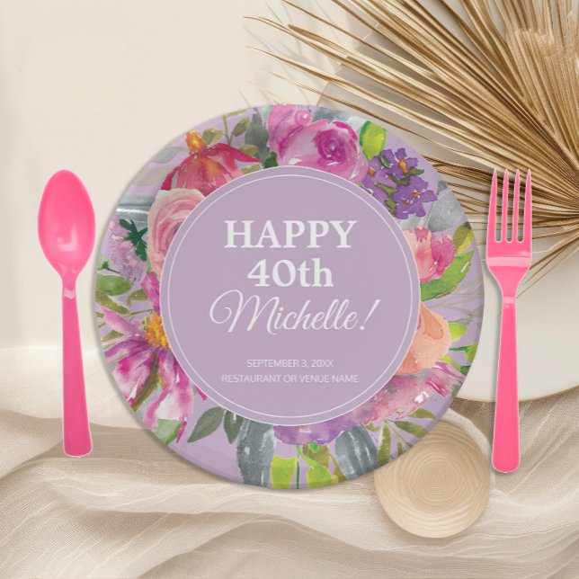 Prato De Papel Flores silvestres aniversário de 40 anos rosa púrp (Elegant pink and purple watercolor floral 40th birthday party paper plates)