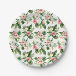 Prato De Papel Flores tropicais de aquarela e padrão verde