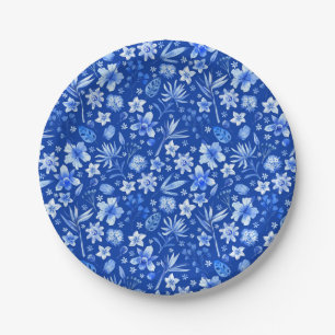 Prato De Papel Flores Tropicais de Cobalto Azul e Folhas Padrão 7