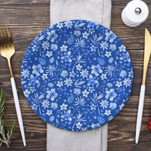 Prato De Papel Flores Tropicais de Cobalto Azul e Folhas Padrão 7