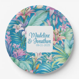 Prato De Papel Flores Tropicais e Casamento Simples de Praia Gree