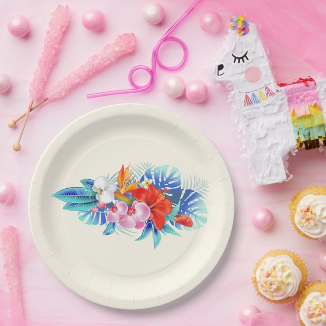 Prato De Papel Flores Tropicais Exóticas em Rosa e Turquesa (Festa)