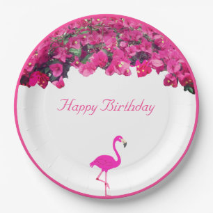 Prato De Papel Flores tropicais & flamingo Aniversário