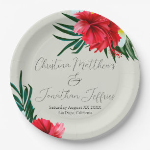 Prato De Papel Flores tropicais havaianas no Elegante Sage Green