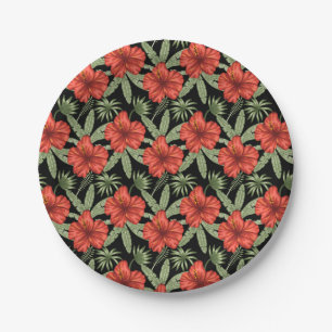 Prato De Papel Flores tropicais vermelhas Folhas verdes