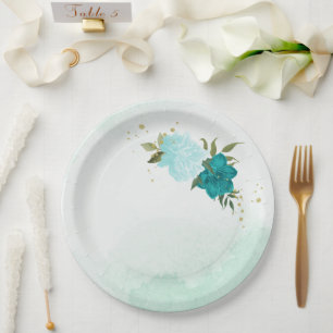 Prato De Papel flores turquesas folhas verdes casamento