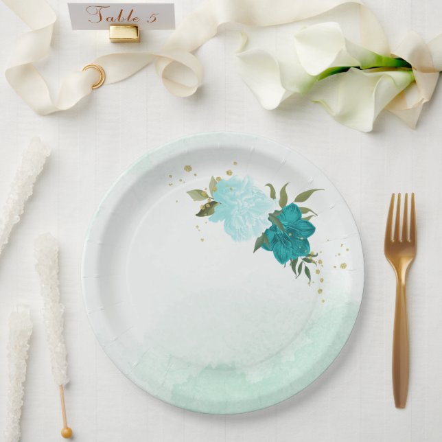 Prato De Papel flores turquesas folhas verdes casamento (Casamento)