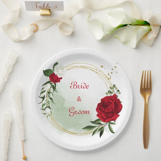 Prato De Papel Flores vermelhas e brancas, coberto de ouro verde (Casamento)