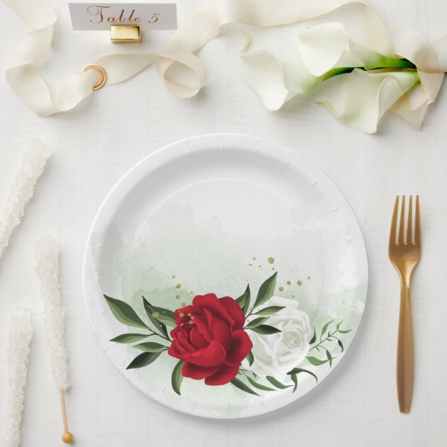 Prato De Papel Flores vermelhas e brancas verdes (Casamento)
