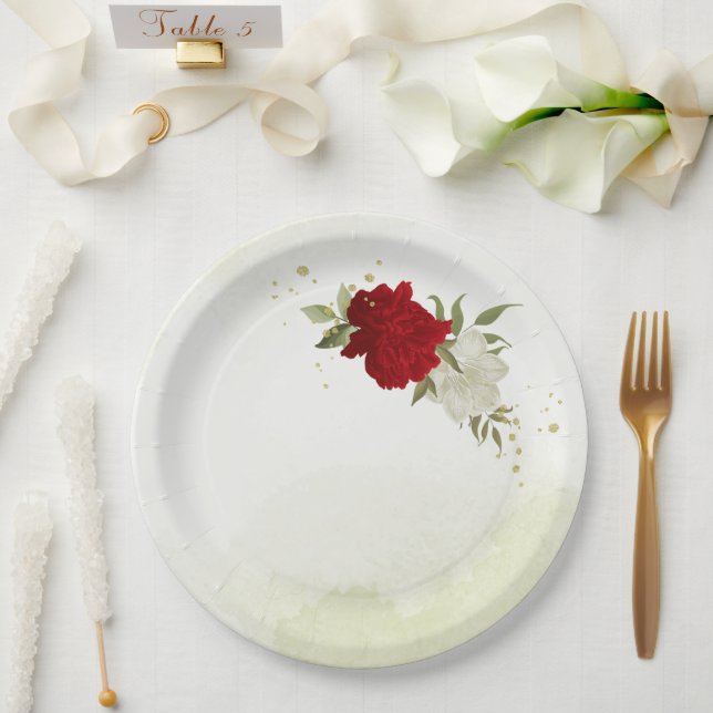 Prato De Papel flores vermelhas folhas verdes casamento (Casamento)