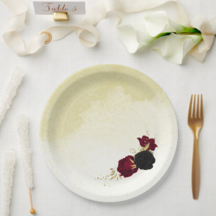 Prato De Papel flores vermelhas pretas ouro folhas casamento