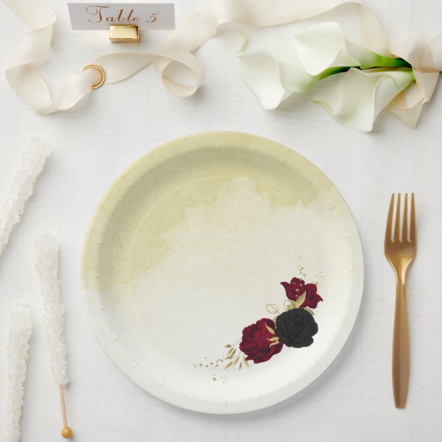 Prato De Papel flores vermelhas pretas ouro folhas casamento (Casamento)