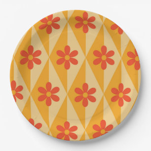 Prato De Papel Flores Vermelhas Retro em diamantes vintage laranj
