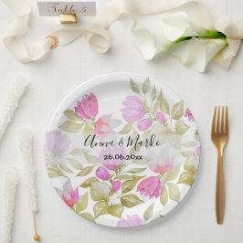 Prato De Papel Flores Violetas Cor de Água Rosa pintadas à mão
