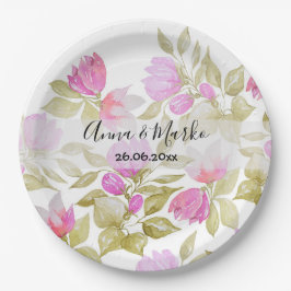 Prato De Papel Flores Violetas Cor de Água Rosa pintadas à mão