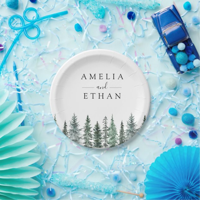 Prato De Papel Floresta Casamento Aquarela de Inverno (Festa)