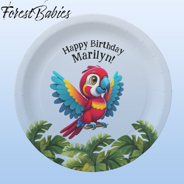 Prato De Papel Floresta Tropical Selva Macaw Safari Pássaro (Macaw Parrot 🌴 Tropical Bird ForestBabies Customizable Birthday Party Animal 9" Paper Plates)