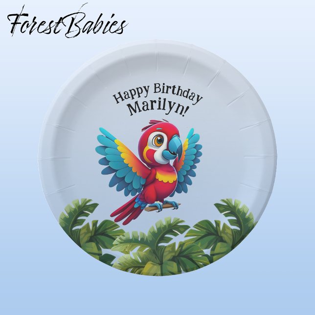 Prato De Papel Floresta Tropical Selva Macaw Safari Pássaro (Macaw Parrot 🌴 Tropical Bird ForestBabies Customizable Birthday Party Animal 7" Paper Plates)