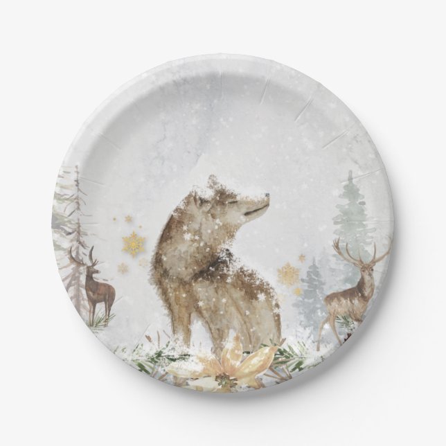 Prato De Papel Floresta Woodland Wolf e Deer (Frente)