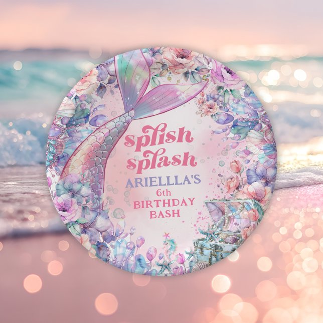 Prato De Papel Flower Glitter Mermaid Tail 6th Birthday (Criador carregado)