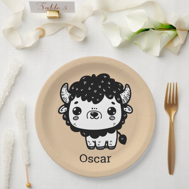 Prato De Papel Fluffy Bison Baby - Kawaii Fazenda Arte Animal (Casamento)