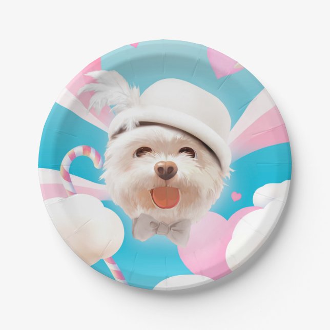 Prato De Papel Fluffy Dog com White Hat (Frente)