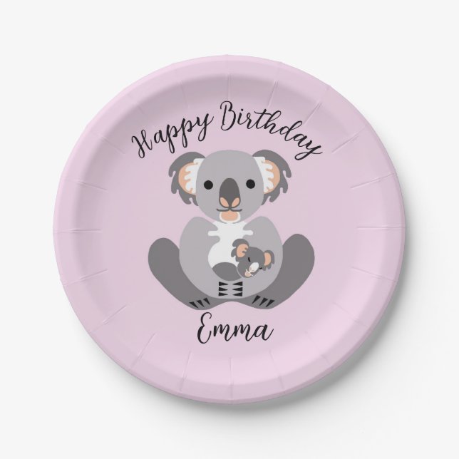 Prato De Papel Fofinho bonito - KOALA - Feliz Aniversário - Rosa (Frente)