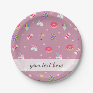 Prato De Papel fofo rosa emoji unicorns candies flores lollipops