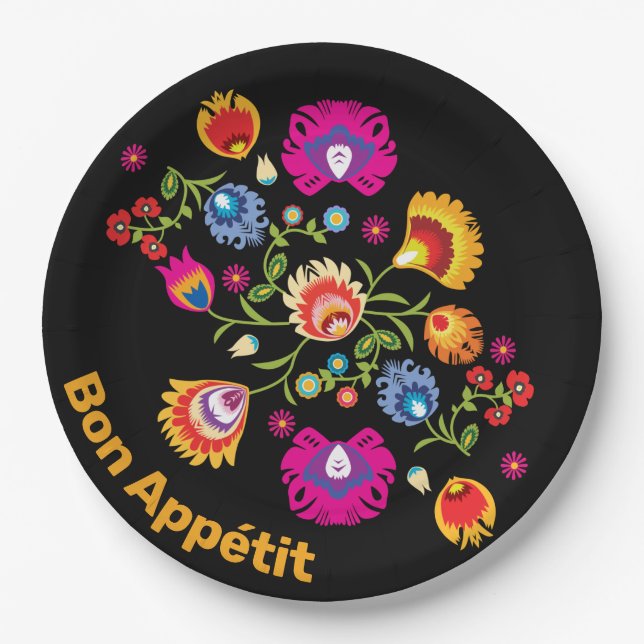 Prato De Papel Folclore polonês com flores rosa (Frente)