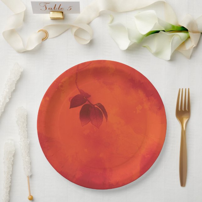 Prato De Papel Folha de Caqui Abstrata Laranja Queimada de Outono (Casamento)