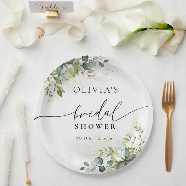Prato De Papel Folha de Chá de panela Floral Eucalyptus Verde (Casamento)