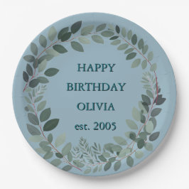 Prato De Papel Folha de Eucalipto em Aquarela personalizável azul