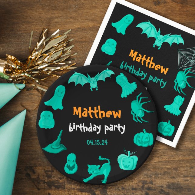 Prato De Papel Folha de festa de aniversário verde preta do Hallo (Green black Halloween birthday party Paper Plate
)