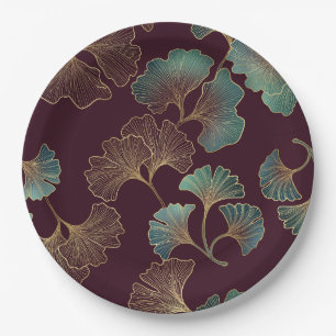 Prato De Papel Folha de Ginkgo Elegante em Borgonha e Turquesa (1