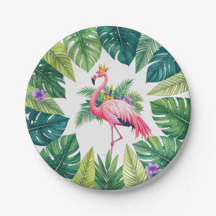 Prato De Papel Folha Exuberante Coroa de Flamingo Rosa Elegante