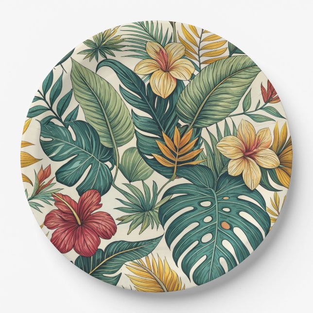 Prato De Papel Folha Tropical de Monstera Com Hibisco  (Frente)