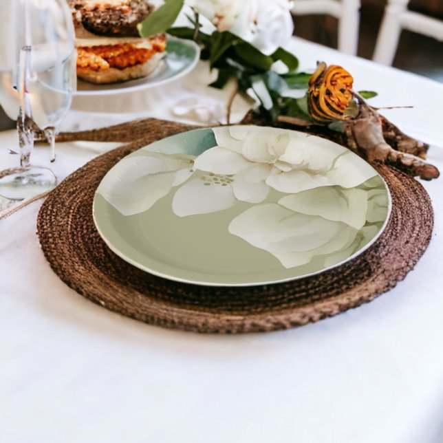 Prato De Papel Folhagem de casamento elegante em verde suave (Elegant Wedding Foliage Muted Green Paper Plates from Ricaso)
