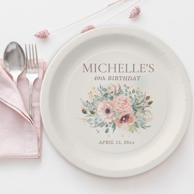 Prato De Papel Folhagem Floral Rosa aniversário de 40 anos (Blush pink floral and sage green leaves birthday party paper plates)