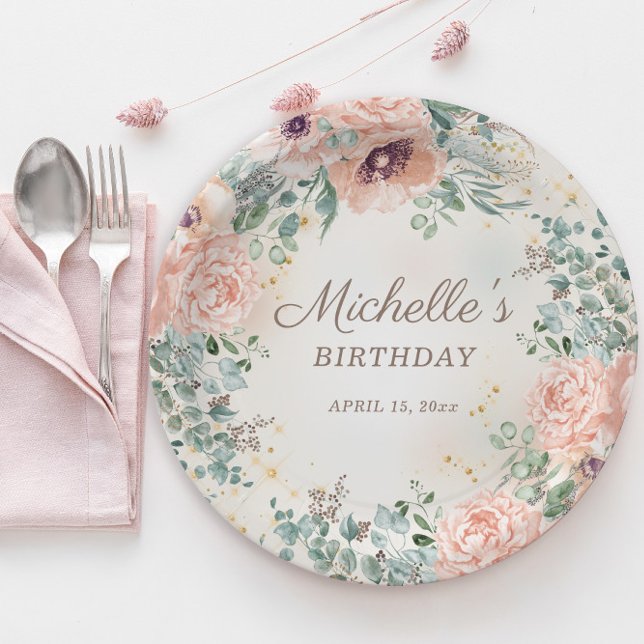 Prato De Papel Folhagem Verde Floral Rosa Dourada - Dia de Aniver (Blush pink floral and sage green leaves women's birthday party paper plates)