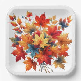 PRATO DE PAPEL FOLHAS AMARELAS VERMELHAS DE LARANJA AMARELO