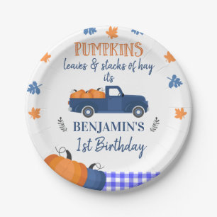 Prato De Papel Folhas Azuis De Bombaim De Pumpkin E Aniversário 