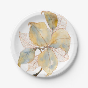 Prato De Papel Folhas Botânicas de Aquarela Azul Dourado Suave